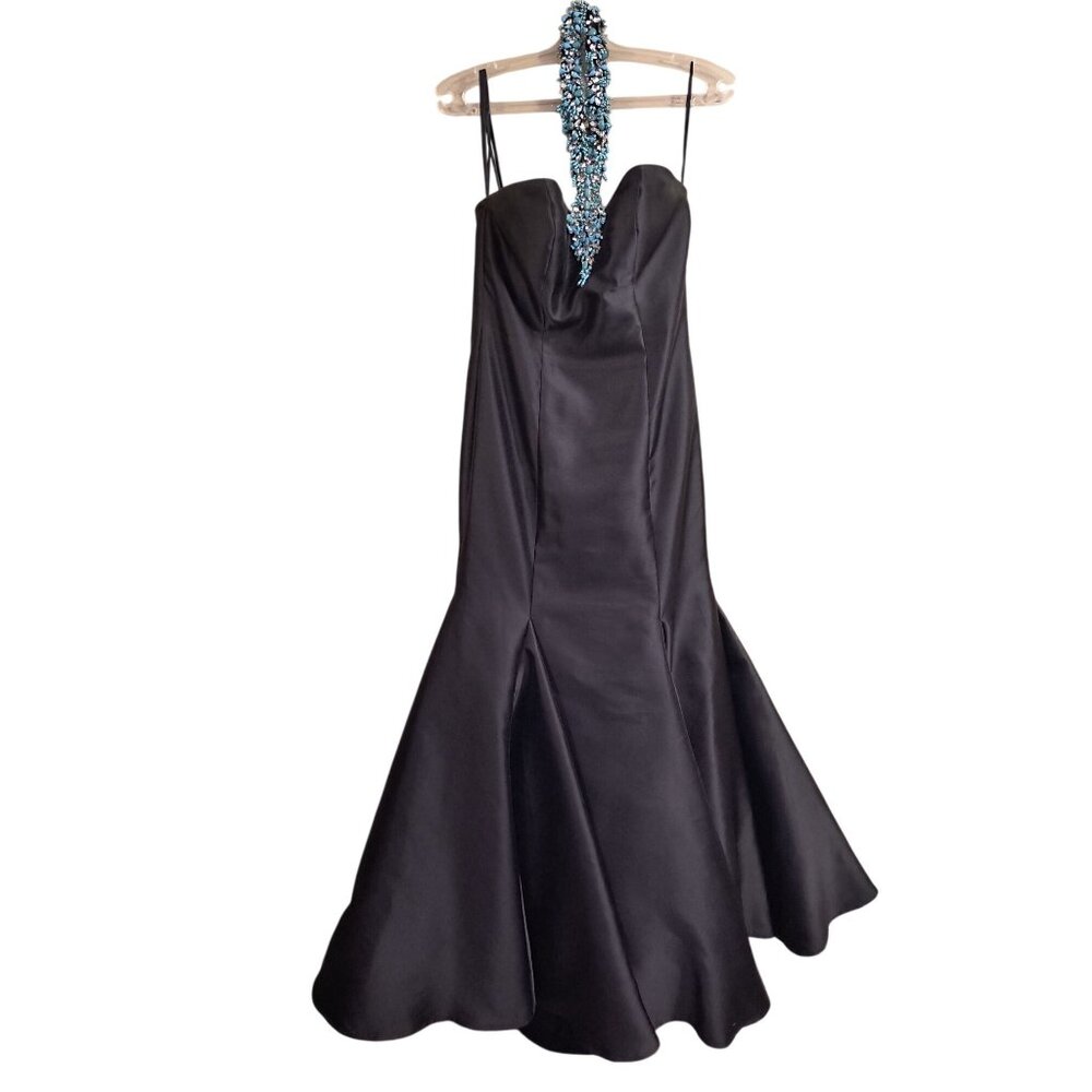 Morilee Black Strapless Mermaid Gown W/ Turquoise & Rhinestone Neckpiece 12